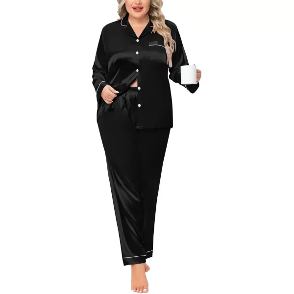 SWOMOG Plus Size Pajama Set for Women Silk Satin Pajamas Long Sleeve Sleepwear Button Down PJs Soft Pj Set with Chest PocketPippingcarbon Black