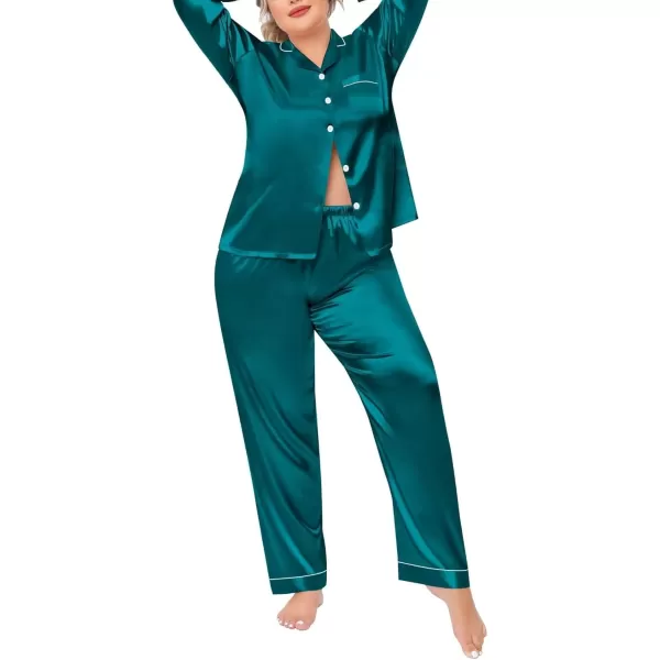 SWOMOG Plus Size Pajama Set for Women Silk Satin Pajamas Long Sleeve Sleepwear Button Down PJs Soft Pj Set with Chest PocketPippingdeep Green