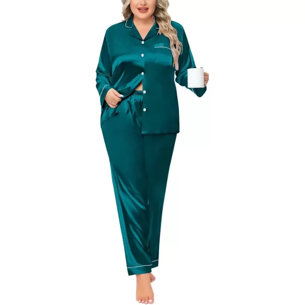 SWOMOG Plus Size Pajama Set for Women Silk Satin Pajamas Long Sleeve Sleepwear Button Down PJs Soft Pj Set with Chest PocketPippingdeep Green