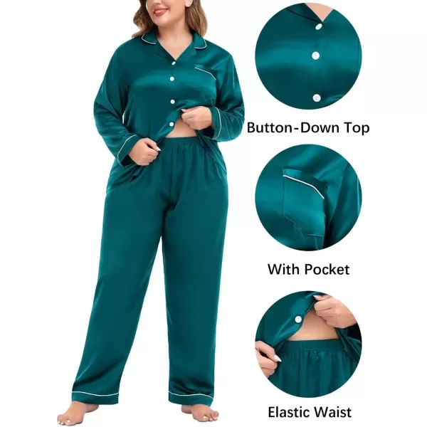 SWOMOG Plus Size Pajama Set for Women Silk Satin Pajamas Long Sleeve Sleepwear Button Down PJs Soft Pj Set with Chest PocketPippingdeep Green