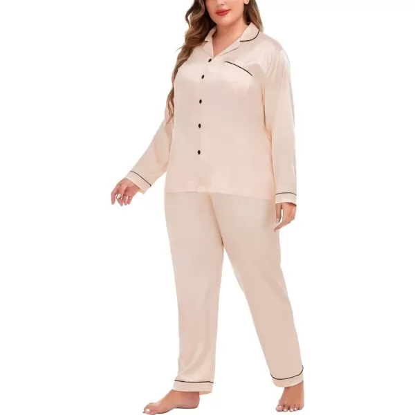 SWOMOG Plus Size Pajama Set for Women Silk Satin Pajamas Long Sleeve Sleepwear Button Down PJs Soft Pj Set with Chest PocketPippinglight Gold