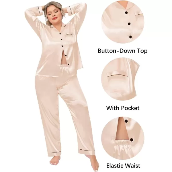 SWOMOG Plus Size Pajama Set for Women Silk Satin Pajamas Long Sleeve Sleepwear Button Down PJs Soft Pj Set with Chest PocketPippinglight Gold