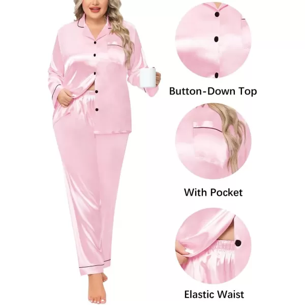 SWOMOG Plus Size Pajama Set for Women Silk Satin Pajamas Long Sleeve Sleepwear Button Down PJs Soft Pj Set with Chest PocketPippinglight Pink