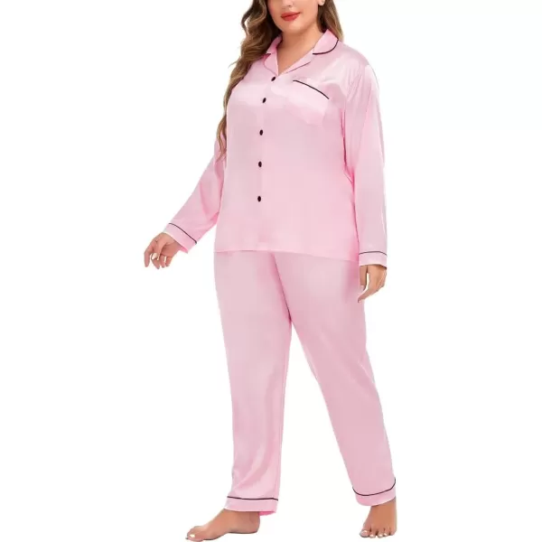 SWOMOG Plus Size Pajama Set for Women Silk Satin Pajamas Long Sleeve Sleepwear Button Down PJs Soft Pj Set with Chest PocketPippinglight Pink