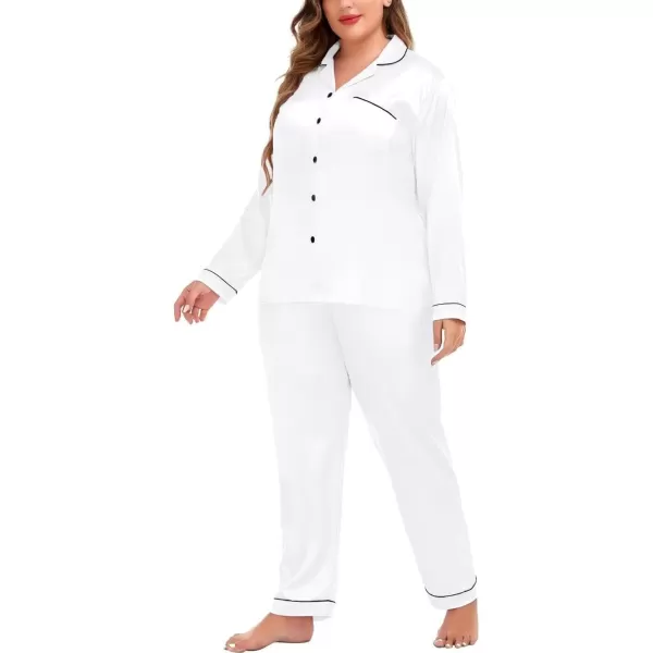 SWOMOG Plus Size Pajama Set for Women Silk Satin Pajamas Long Sleeve Sleepwear Button Down PJs Soft Pj Set with Chest PocketPippingsnow White