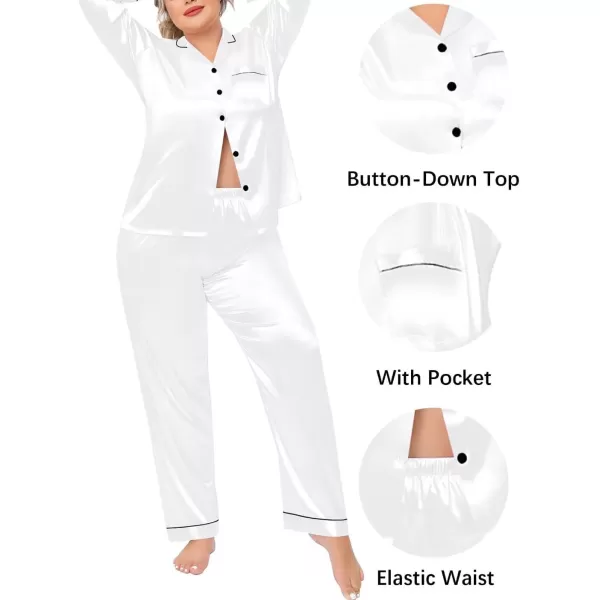 SWOMOG Plus Size Pajama Set for Women Silk Satin Pajamas Long Sleeve Sleepwear Button Down PJs Soft Pj Set with Chest PocketPippingsnow White