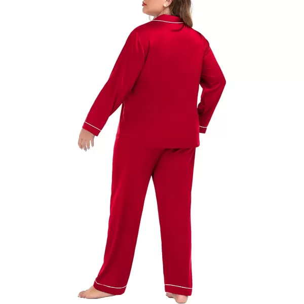 SWOMOG Plus Size Pajama Set for Women Silk Satin Pajamas Long Sleeve Sleepwear Button Down PJs Soft Pj Set with Chest PocketScarlet Red