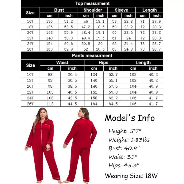 SWOMOG Plus Size Pajama Set for Women Silk Satin Pajamas Long Sleeve Sleepwear Button Down PJs Soft Pj Set with Chest PocketScarlet Red