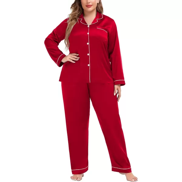 SWOMOG Plus Size Pajama Set for Women Silk Satin Pajamas Long Sleeve Sleepwear Button Down PJs Soft Pj Set with Chest PocketScarlet Red