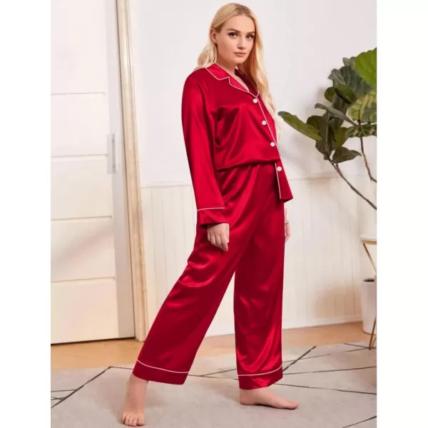 SWOMOG Plus Size Pajama Set for Women Silk Satin Pajamas Long Sleeve Sleepwear Button Down PJs Soft Pj Set with Chest PocketScarlet Red