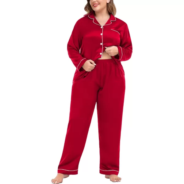 SWOMOG Plus Size Pajama Set for Women Silk Satin Pajamas Long Sleeve Sleepwear Button Down PJs Soft Pj Set with Chest PocketScarlet Red