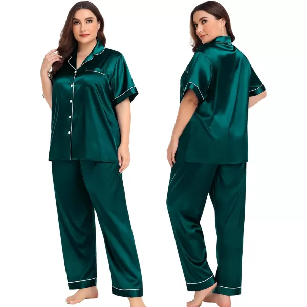 SWOMOG Women Plus Size Pajama Set 4pcs Silk Satin Sleepwear Button Down Pjs Cami Shorts Set Loose Loungewear 16W26WDark Green