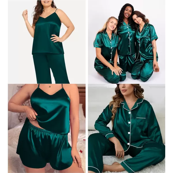 SWOMOG Women Plus Size Pajama Set 4pcs Silk Satin Sleepwear Button Down Pjs Cami Shorts Set Loose Loungewear 16W26WDark Green