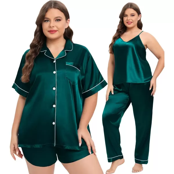 SWOMOG Women Plus Size Pajama Set 4pcs Silk Satin Sleepwear Button Down Pjs Cami Shorts Set Loose Loungewear 16W26WDark Green