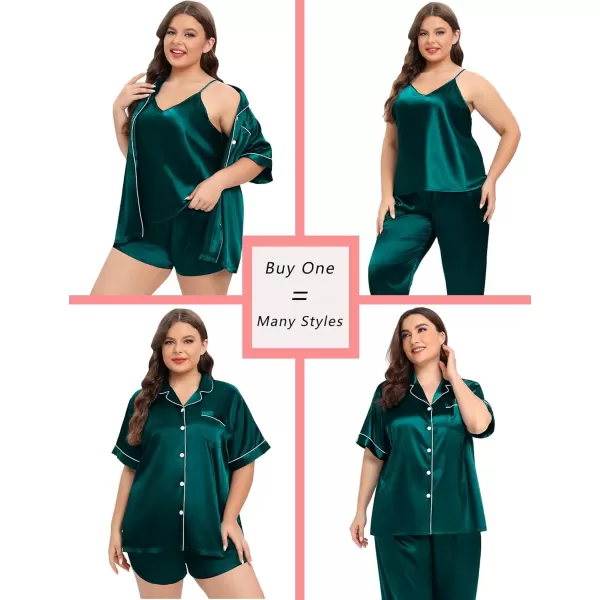 SWOMOG Women Plus Size Pajama Set 4pcs Silk Satin Sleepwear Button Down Pjs Cami Shorts Set Loose Loungewear 16W26WDark Green