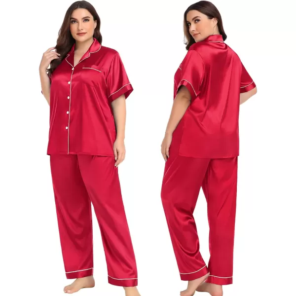 SWOMOG Women Plus Size Pajama Set 4pcs Silk Satin Sleepwear Button Down Pjs Cami Shorts Set Loose Loungewear 16W26WDeep Red