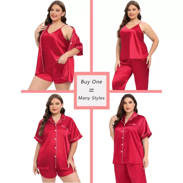 SWOMOG Women Plus Size Pajama Set 4pcs Silk Satin Sleepwear Button Down Pjs Cami Shorts Set Loose Loungewear 16W26WDeep Red