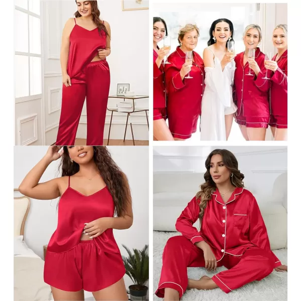 SWOMOG Women Plus Size Pajama Set 4pcs Silk Satin Sleepwear Button Down Pjs Cami Shorts Set Loose Loungewear 16W26WDeep Red