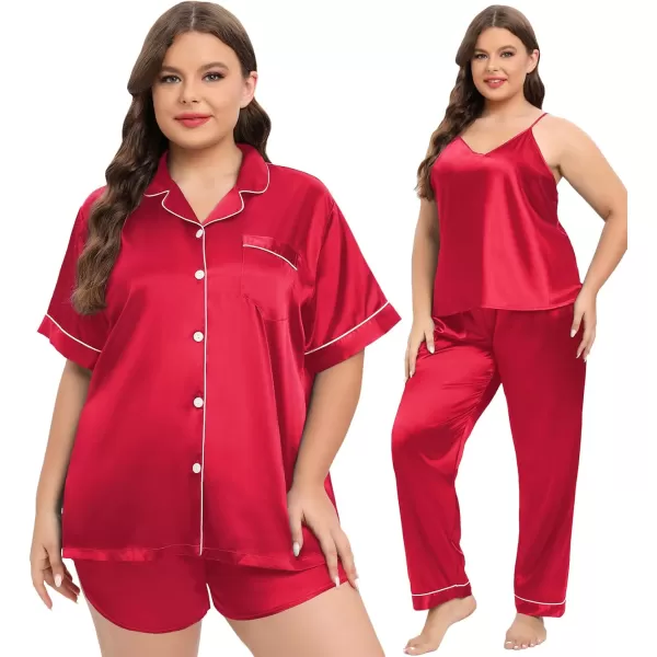 SWOMOG Women Plus Size Pajama Set 4pcs Silk Satin Sleepwear Button Down Pjs Cami Shorts Set Loose Loungewear 16W26WDeep Red