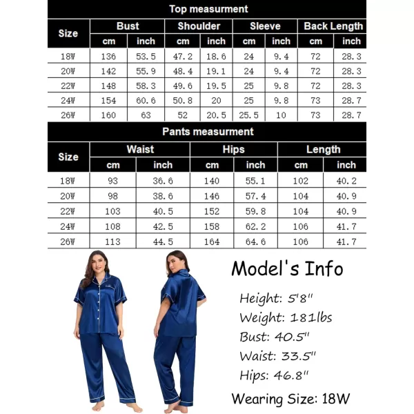 SWOMOG Womens Plus Size Pajamas Silk Satin Pajama Set Short Sleeve Shirt with FullLength Pants Pjs Sleepwear Set 18W26WNavy Blue