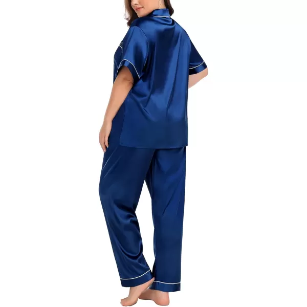 SWOMOG Womens Plus Size Pajamas Silk Satin Pajama Set Short Sleeve Shirt with FullLength Pants Pjs Sleepwear Set 18W26WNavy Blue