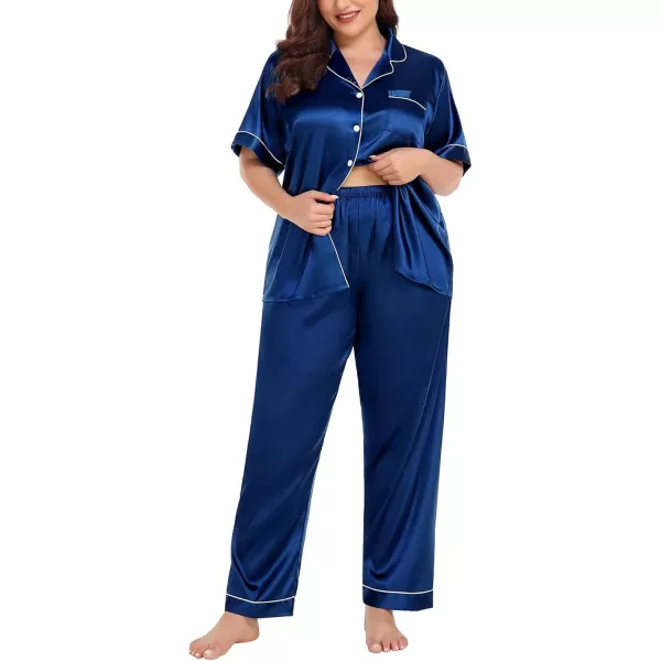 SWOMOG Womens Plus Size Pajamas Silk Satin Pajama Set Short Sleeve Shirt with FullLength Pants Pjs Sleepwear Set 18W26WNavy Blue