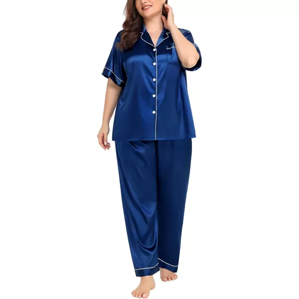 SWOMOG Womens Plus Size Pajamas Silk Satin Pajama Set Short Sleeve Shirt with FullLength Pants Pjs Sleepwear Set 18W26WNavy Blue