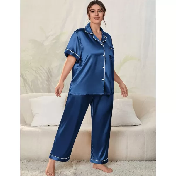 SWOMOG Womens Plus Size Pajamas Silk Satin Pajama Set Short Sleeve Shirt with FullLength Pants Pjs Sleepwear Set 18W26WNavy Blue