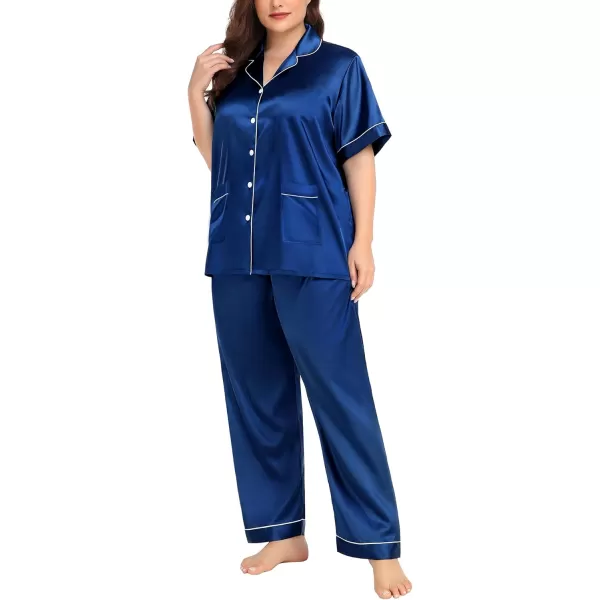 SWOMOG Womens Plus Size Pajamas Silk Satin Pajama Set Short Sleeve Shirt with FullLength Pants Pjs Sleepwear Set 18W26WTwo Pocketsberry Blue