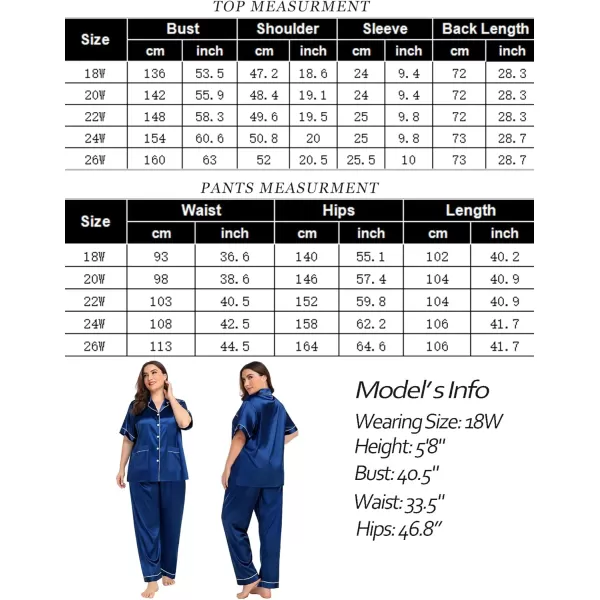 SWOMOG Womens Plus Size Pajamas Silk Satin Pajama Set Short Sleeve Shirt with FullLength Pants Pjs Sleepwear Set 18W26WTwo Pocketsberry Blue