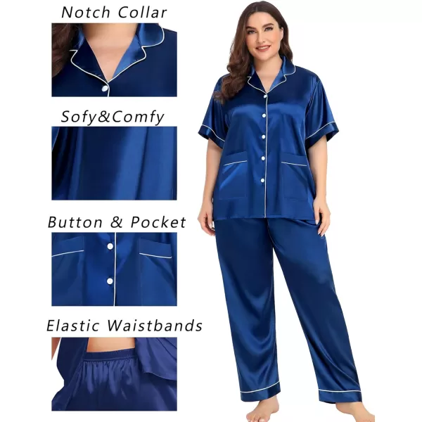 SWOMOG Womens Plus Size Pajamas Silk Satin Pajama Set Short Sleeve Shirt with FullLength Pants Pjs Sleepwear Set 18W26WTwo Pocketsberry Blue