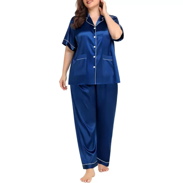 SWOMOG Womens Plus Size Pajamas Silk Satin Pajama Set Short Sleeve Shirt with FullLength Pants Pjs Sleepwear Set 18W26WTwo Pocketsberry Blue