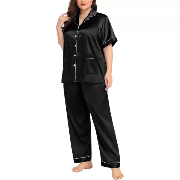 SWOMOG Womens Plus Size Pajamas Silk Satin Pajama Set Short Sleeve Shirt with FullLength Pants Pjs Sleepwear Set 18W26WTwo Pocketscarbon Black