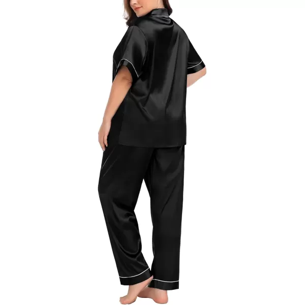 SWOMOG Womens Plus Size Pajamas Silk Satin Pajama Set Short Sleeve Shirt with FullLength Pants Pjs Sleepwear Set 18W26WTwo Pocketscarbon Black