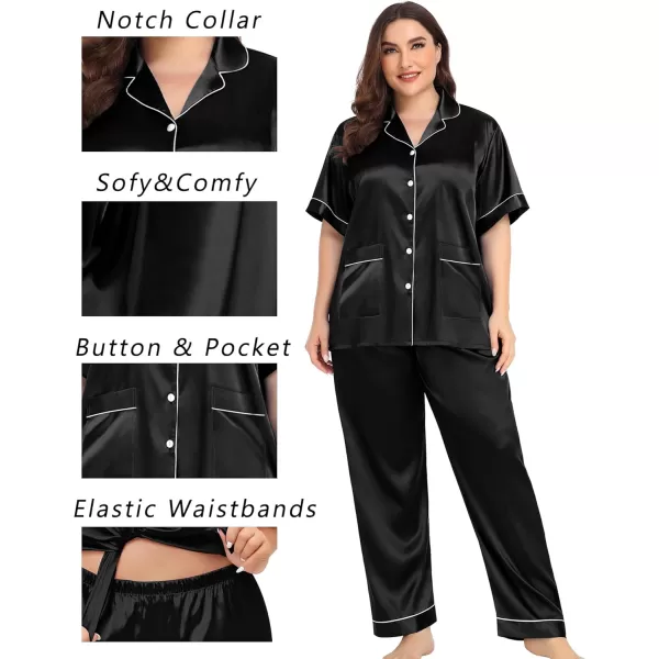 SWOMOG Womens Plus Size Pajamas Silk Satin Pajama Set Short Sleeve Shirt with FullLength Pants Pjs Sleepwear Set 18W26WTwo Pocketscarbon Black