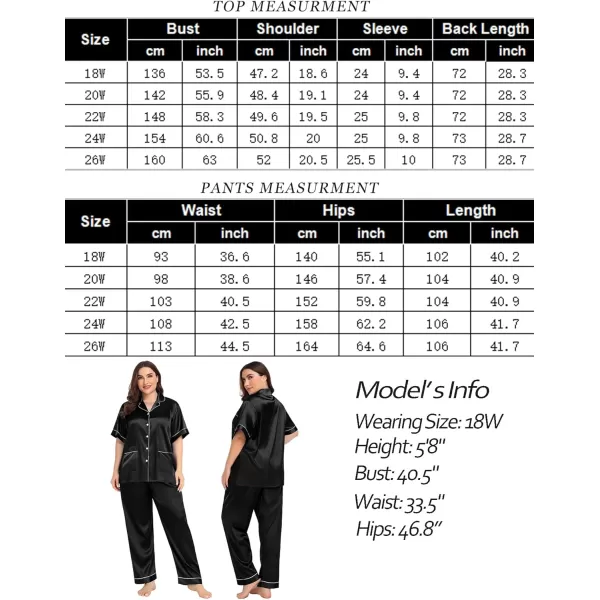 SWOMOG Womens Plus Size Pajamas Silk Satin Pajama Set Short Sleeve Shirt with FullLength Pants Pjs Sleepwear Set 18W26WTwo Pocketscarbon Black