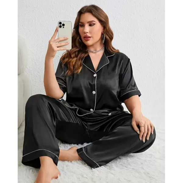 SWOMOG Womens Plus Size Pajamas Silk Satin Pajama Set Short Sleeve Shirt with FullLength Pants Pjs Sleepwear Set 18W26WTwo Pocketscarbon Black