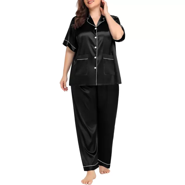 SWOMOG Womens Plus Size Pajamas Silk Satin Pajama Set Short Sleeve Shirt with FullLength Pants Pjs Sleepwear Set 18W26WTwo Pocketscarbon Black