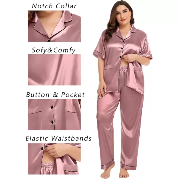 SWOMOG Womens Plus Size Pajamas Silk Satin Pajama Set Short Sleeve Shirt with FullLength Pants Pjs Sleepwear Set 18W26WTwo Pocketsdusty Rose