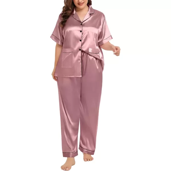 SWOMOG Womens Plus Size Pajamas Silk Satin Pajama Set Short Sleeve Shirt with FullLength Pants Pjs Sleepwear Set 18W26WTwo Pocketsdusty Rose