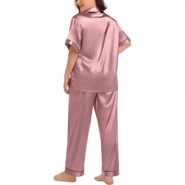 SWOMOG Womens Plus Size Pajamas Silk Satin Pajama Set Short Sleeve Shirt with FullLength Pants Pjs Sleepwear Set 18W26WTwo Pocketsdusty Rose