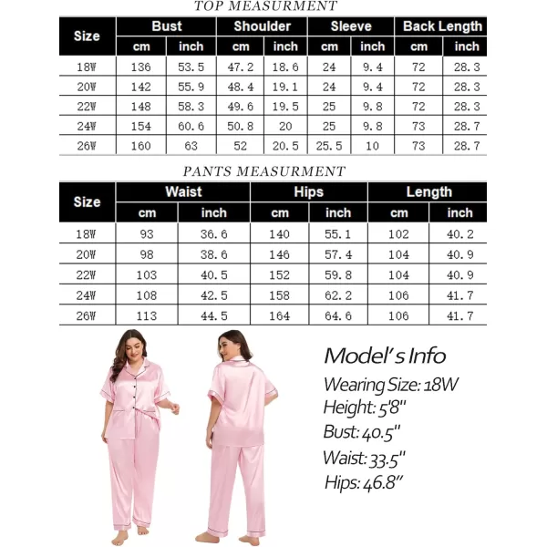 SWOMOG Womens Plus Size Pajamas Silk Satin Pajama Set Short Sleeve Shirt with FullLength Pants Pjs Sleepwear Set 18W26WTwo Pocketslight Pink