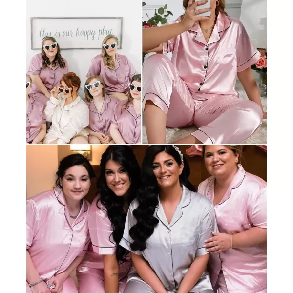 SWOMOG Womens Plus Size Pajamas Silk Satin Pajama Set Short Sleeve Shirt with FullLength Pants Pjs Sleepwear Set 18W26WTwo Pocketslight Pink