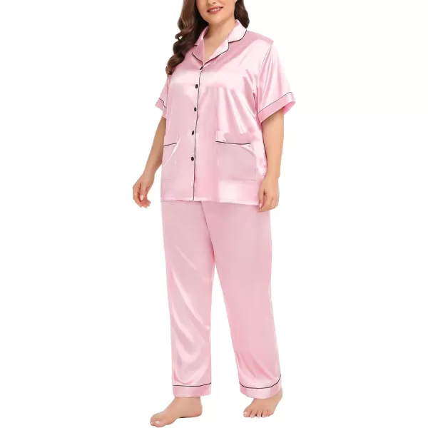 SWOMOG Womens Plus Size Pajamas Silk Satin Pajama Set Short Sleeve Shirt with FullLength Pants Pjs Sleepwear Set 18W26WTwo Pocketslight Pink