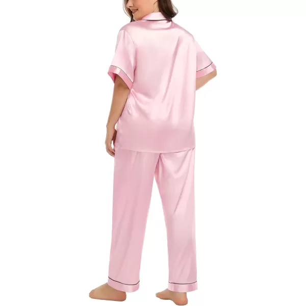 SWOMOG Womens Plus Size Pajamas Silk Satin Pajama Set Short Sleeve Shirt with FullLength Pants Pjs Sleepwear Set 18W26WTwo Pocketslight Pink