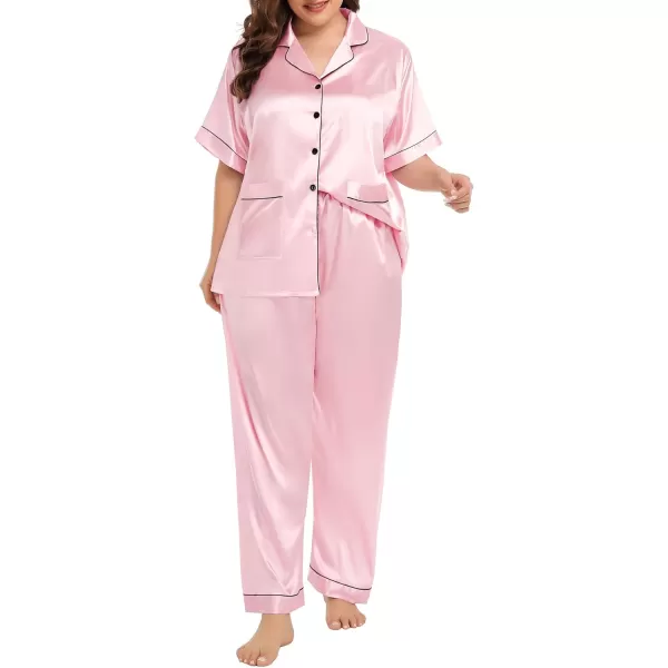 SWOMOG Womens Plus Size Pajamas Silk Satin Pajama Set Short Sleeve Shirt with FullLength Pants Pjs Sleepwear Set 18W26WTwo Pocketslight Pink