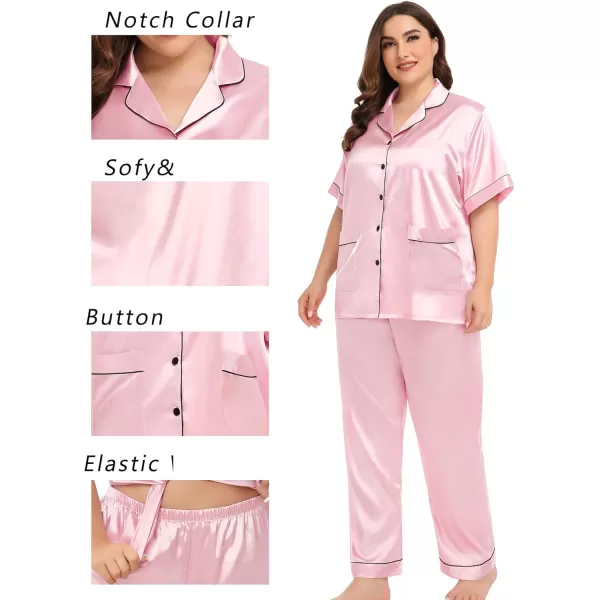 SWOMOG Womens Plus Size Pajamas Silk Satin Pajama Set Short Sleeve Shirt with FullLength Pants Pjs Sleepwear Set 18W26WTwo Pocketslight Pink