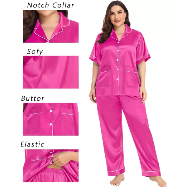 SWOMOG Womens Plus Size Pajamas Silk Satin Pajama Set Short Sleeve Shirt with FullLength Pants Pjs Sleepwear Set 18W26WTwo Pocketsrosy