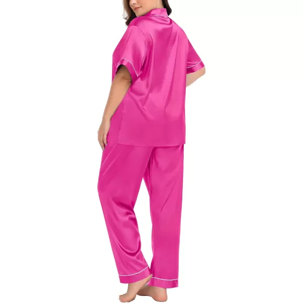 SWOMOG Womens Plus Size Pajamas Silk Satin Pajama Set Short Sleeve Shirt with FullLength Pants Pjs Sleepwear Set 18W26WTwo Pocketsrosy