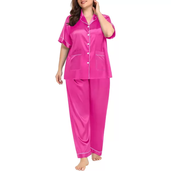 SWOMOG Womens Plus Size Pajamas Silk Satin Pajama Set Short Sleeve Shirt with FullLength Pants Pjs Sleepwear Set 18W26WTwo Pocketsrosy